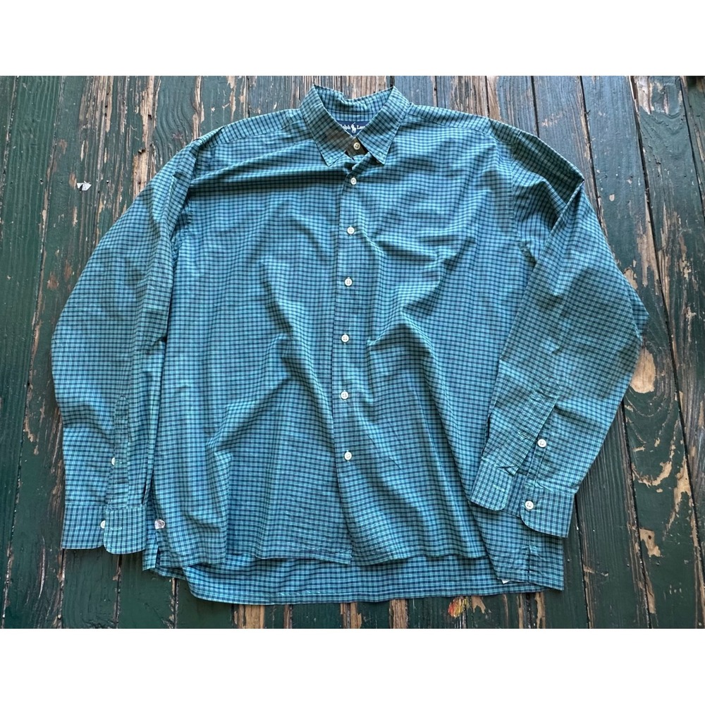 Polo Ralph Lauren Greggor Shirt XL Teal Navy Blue Check Plaid Cotton Button Down